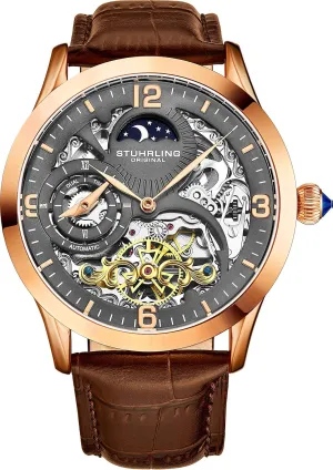 Stührling Original Automatic Watch for Men Skeleton Watch Dial, Dual Time, AM/PM Sun Moon, Leather Band, Mens Watches Series