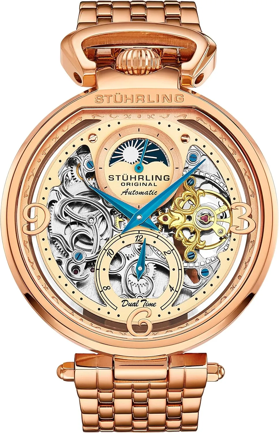 Stührling Original Mens Skeleton Watch Dial Automatic Watch with Calfskin Leather Band and - Dual Time, AM/PM Sun Moon