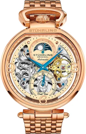 Stührling Original Mens Skeleton Watch Dial Automatic Watch with Calfskin Leather Band and - Dual Time, AM/PM Sun Moon
