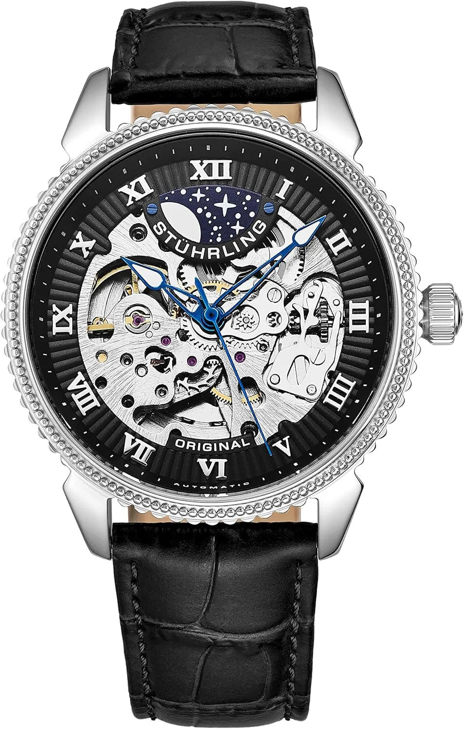 Stuhrling Original Mens Watch - Skeleton Watches for Men Automatic Self Winding Movement Dress Watch with Premium Black Leather Band Mechanical Watch for Men (Black)