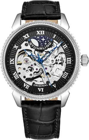 Stuhrling Original Mens Watch - Skeleton Watches for Men Automatic Self Winding Movement Dress Watch with Premium Black Leather Band Mechanical Watch for Men (Black)