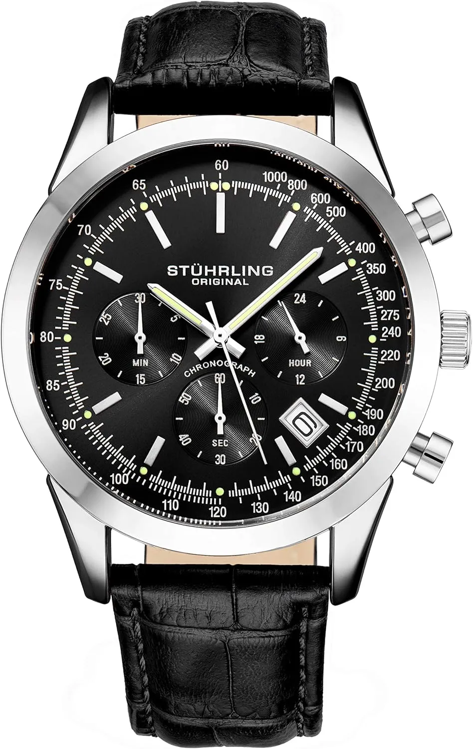 Stuhrling Original Mens Watches Chronograph Analog Black Watch Dial with Date - Tachymeter 24-Hour Subdial Mens Black Leather Strap