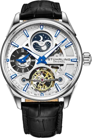 Stuhrling Original Skeleton Dress Analog Watch for Men, Automatic Mechanical Wristwatch, Gold Plated/Stainless Steel, Genuine Calfskin Leather Band