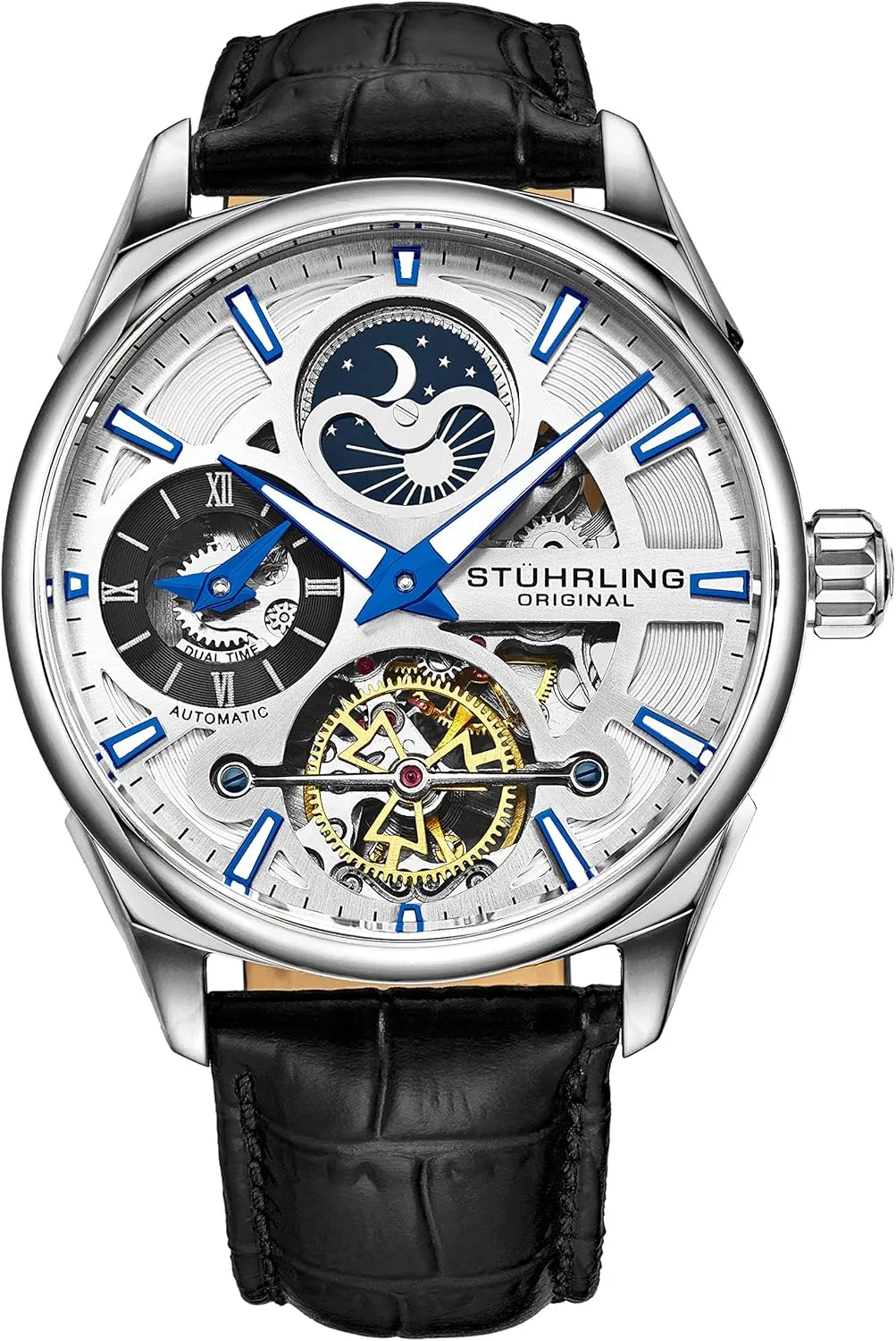 Stuhrling Original Skeleton Dress Analog Watch for Men, Automatic Mechanical Wristwatch, Gold Plated/Stainless Steel, Genuine Calfskin Leather Band