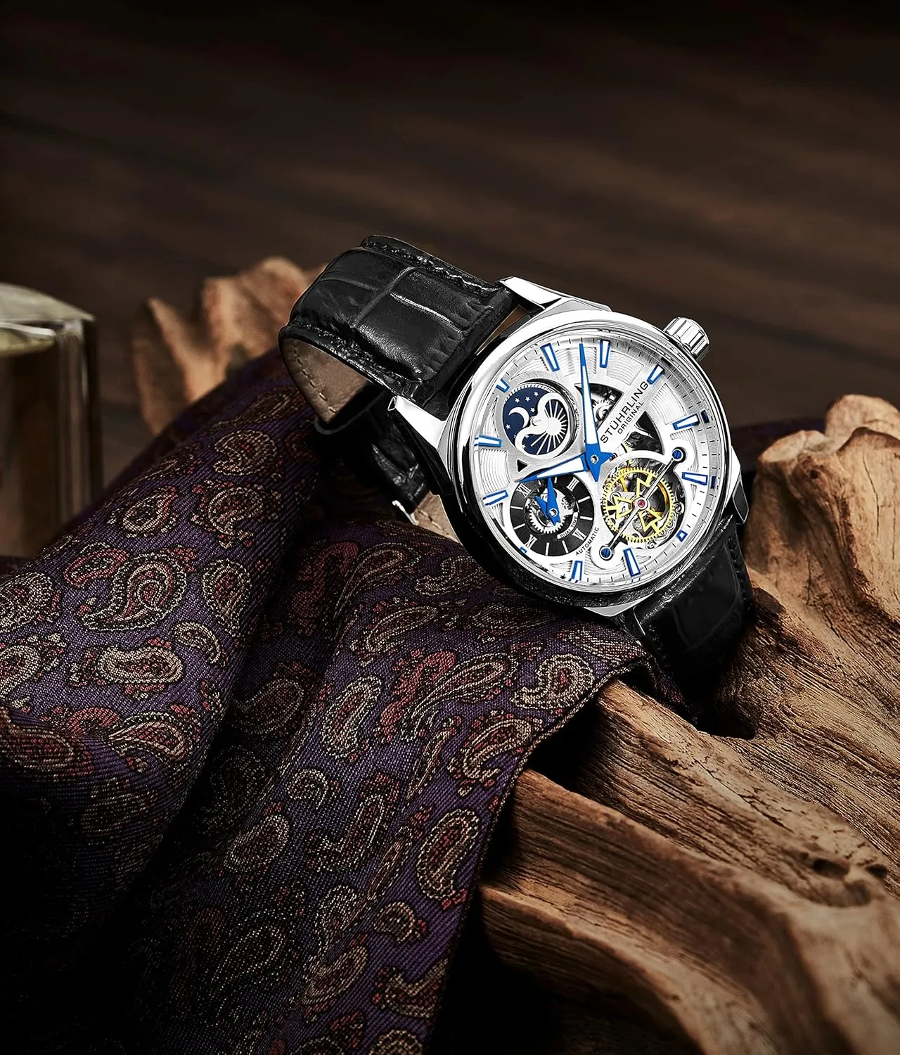 Stuhrling Original Skeleton Dress Analog Watch for Men, Automatic Mechanical Wristwatch, Gold Plated/Stainless Steel, Genuine Calfskin Leather Band