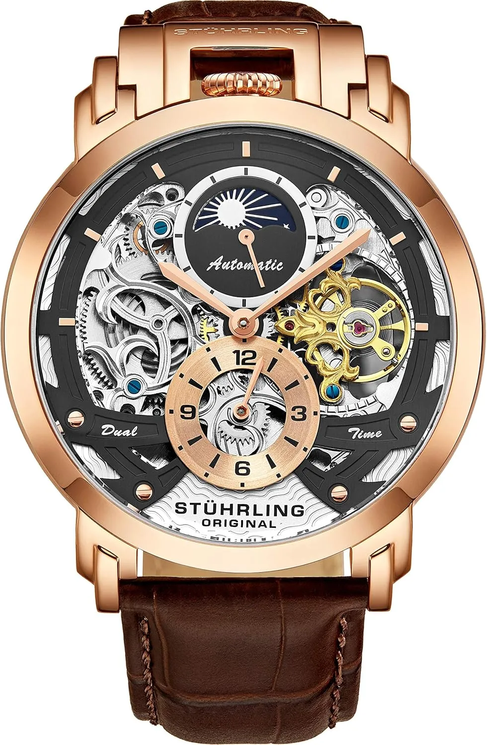 Stuhrling Orignal Mens Watch Automatic Watch Skeleton Watches for Men - Leather Luxury Dress Watch - Mechanical Watch Stainless Steel Case Self Winding Analog Watch for Men