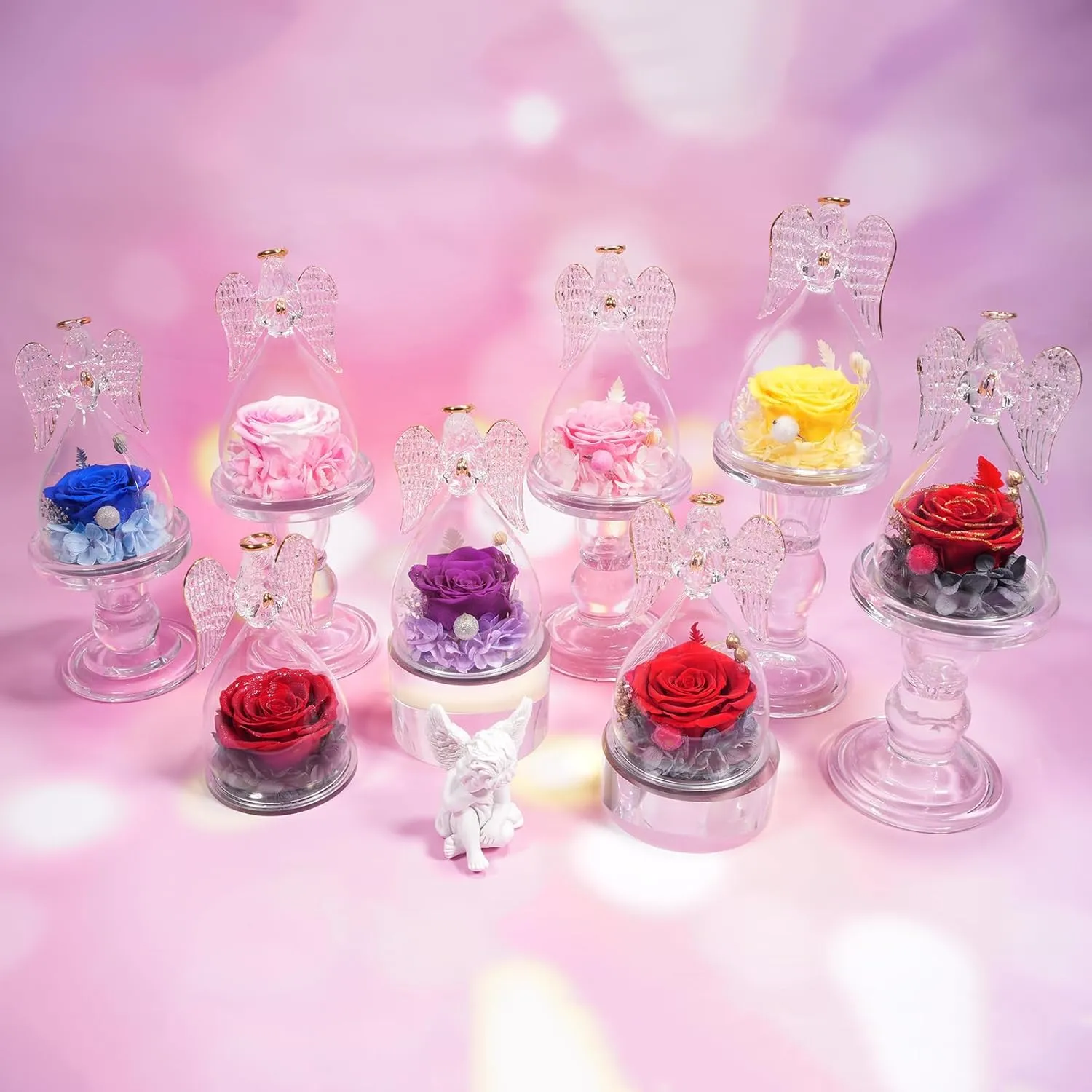 Sunia Preserved Flower Rose Birthday Gifts for Mom, Glass Angels Figurines Gifts for Women Grandma Mothers, Forever Real Flowers Unique Gifts for Valentine Mother's Day Anniversary Thanksgiving ﻿