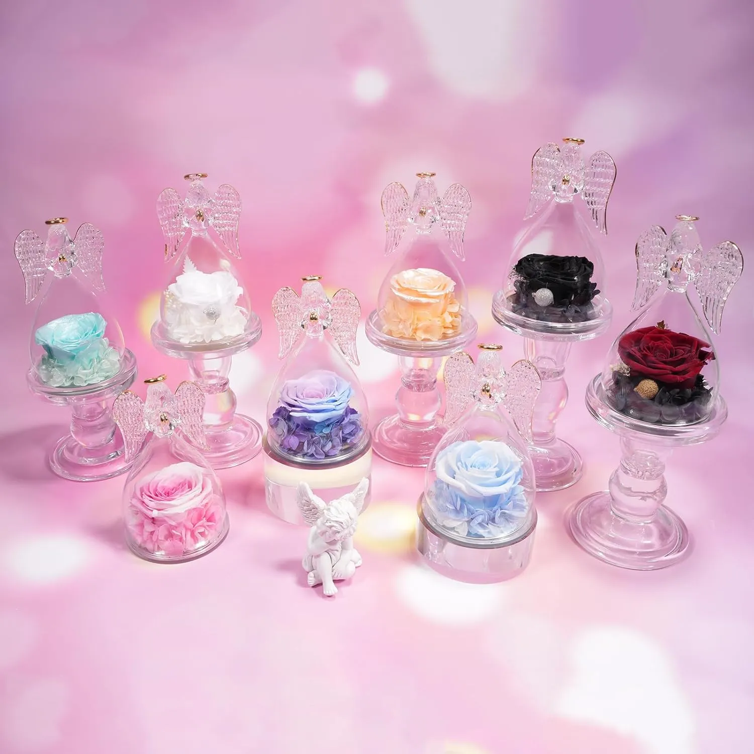 Sunia Preserved Flower Rose Birthday Gifts for Mom, Glass Angels Figurines Gifts for Women Grandma Mothers, Forever Real Flowers Unique Gifts for Valentine Mother's Day Anniversary Thanksgiving ﻿