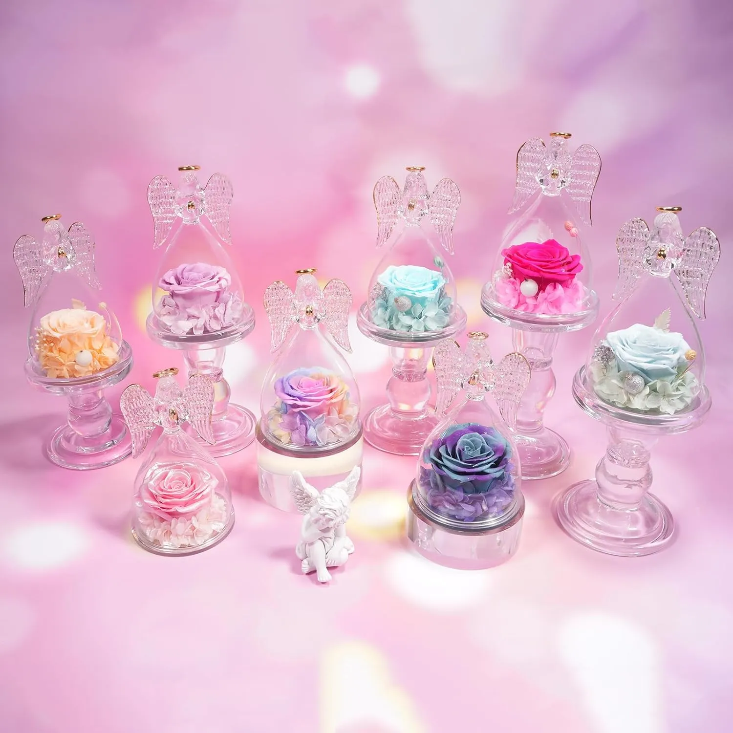 Sunia Preserved Flower Rose Birthday Gifts for Mom, Glass Angels Figurines Gifts for Women Grandma Mothers, Forever Real Flowers Unique Gifts for Valentine Mother's Day Anniversary Thanksgiving ﻿