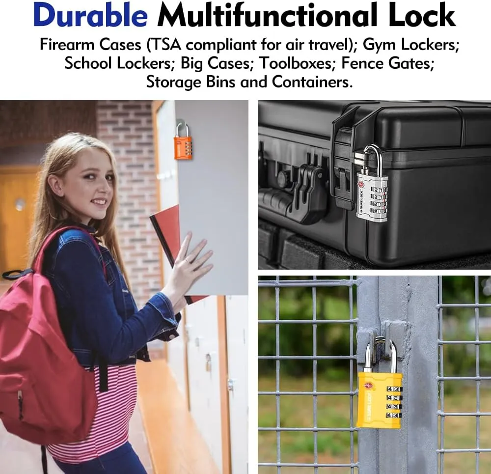 SURE LOCK TSA Accepted 4 Dig Heavy Duty Big Combination Luggage Padlock All Metal Travel Lock for Equipment Hard Case Luggage Gun Case Gym Locker Pelican Vault Lock (2, Yellow)