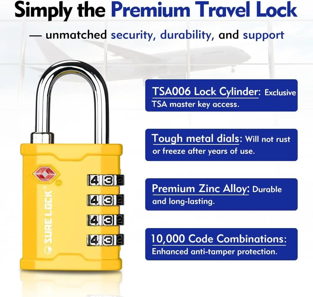 SURE LOCK TSA Accepted 4 Dig Heavy Duty Big Combination Luggage Padlock All Metal Travel Lock for Equipment Hard Case Luggage Gun Case Gym Locker Pelican Vault Lock (2, Yellow)