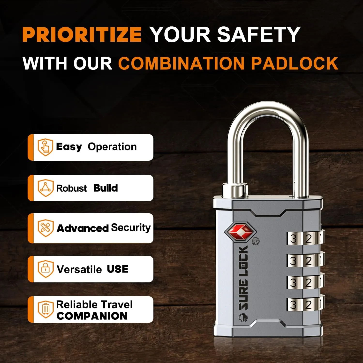 SURE LOCK TSA Accepted Combination Luggage Padlock for Gun Cases, Transporting Equipment Cases in Trade Show, Music and Medical Industries (1, Silver)