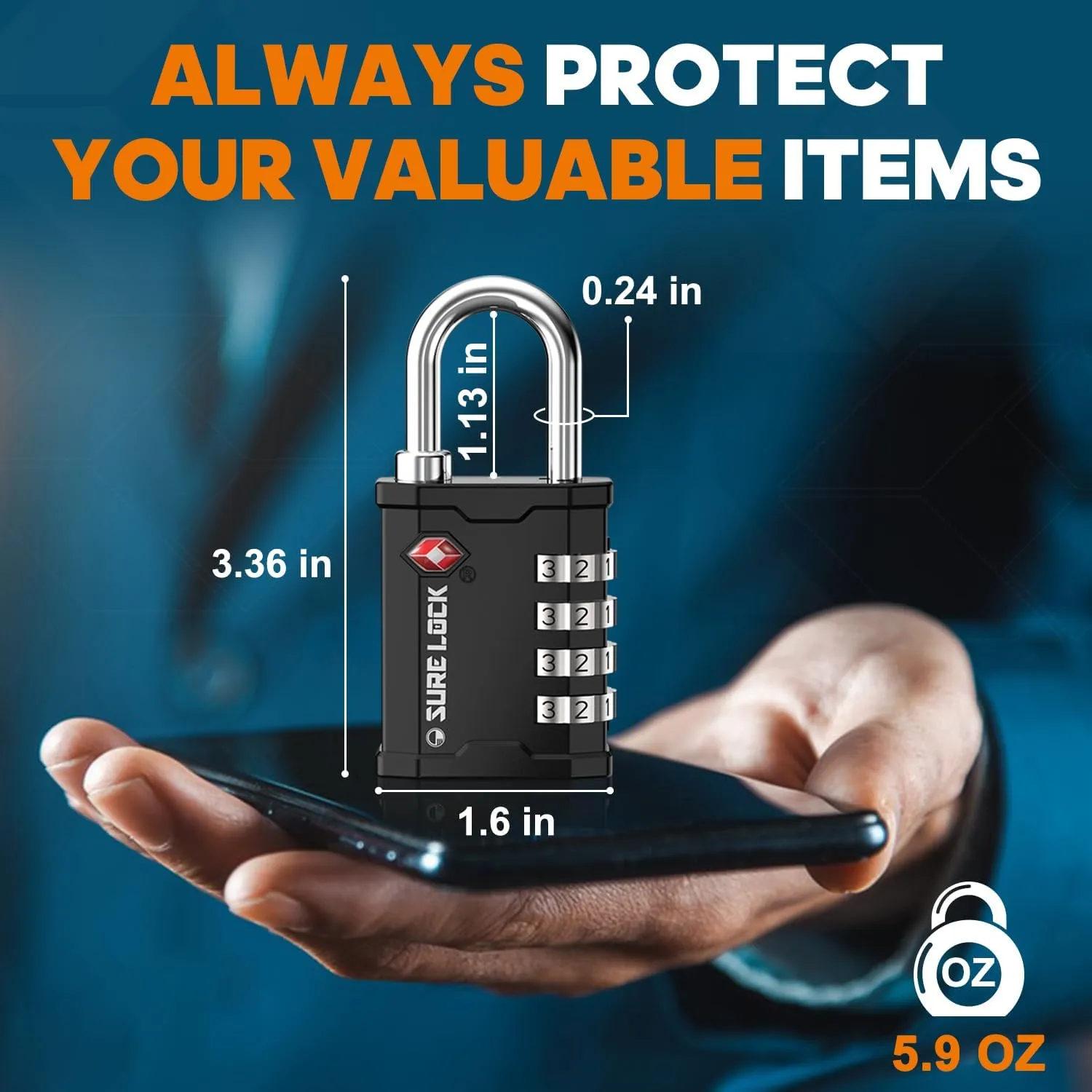 SURE LOCK TSA Accepted Heavy Duty Big Combination Luggage Padlock for Gun Cases, Transporting Equipment Cases in Trade Show, Music and Medical Industries (1, Black)