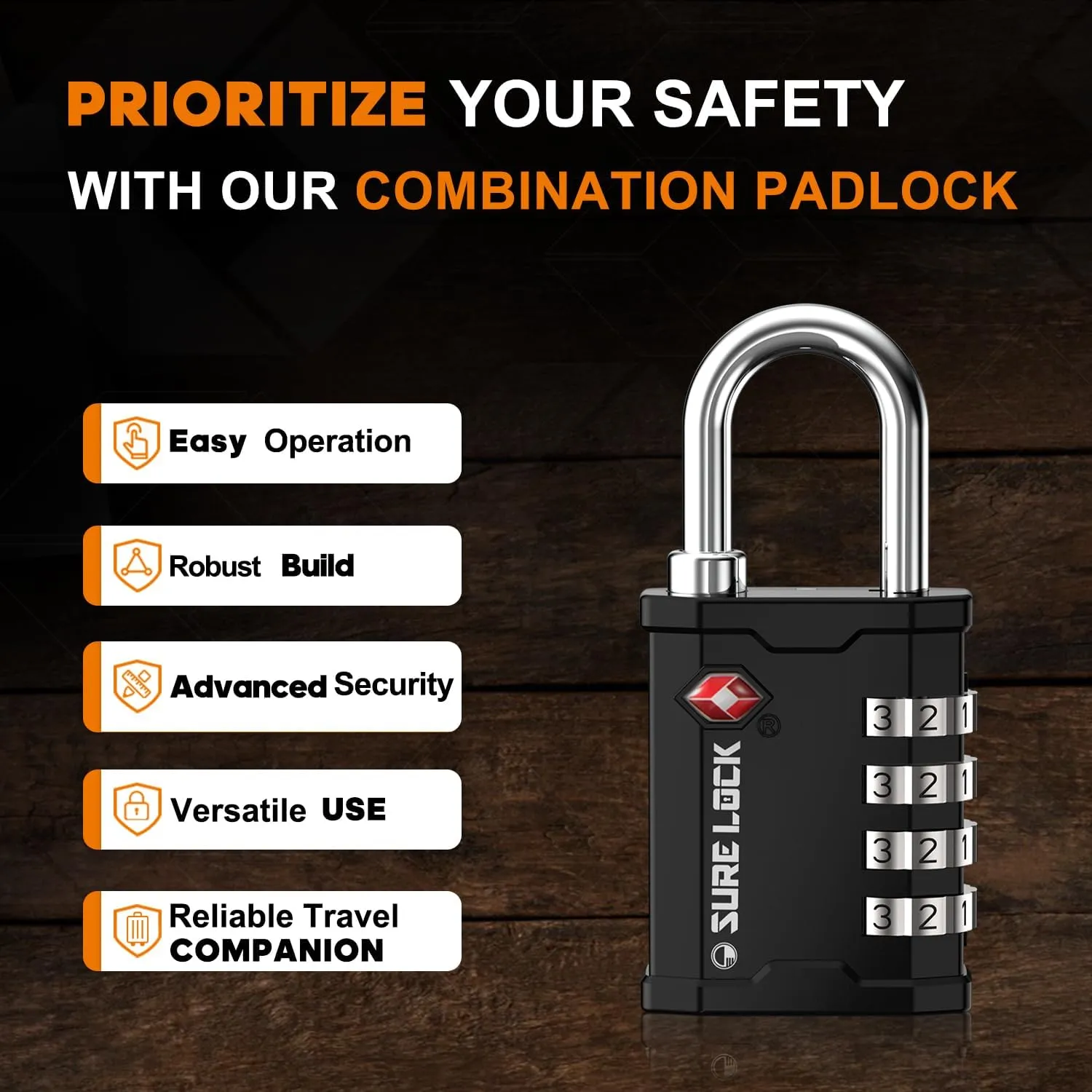 SURE LOCK TSA Accepted Heavy Duty Big Combination Luggage Padlock for Gun Cases, Transporting Equipment Cases in Trade Show, Music and Medical Industries (1, Black)