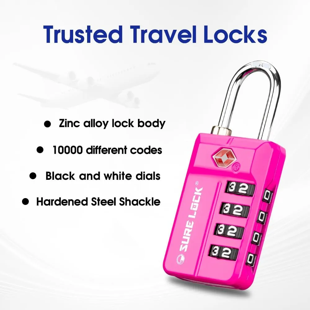 SURE LOCK TSA-Approved 4-Digit Resettable Combination Lock with Open Alert, Easy-Read Dials - for Luggage, School Lockers, Gym, Office, Toolbox & Security Cases (Pink 4 Pack)