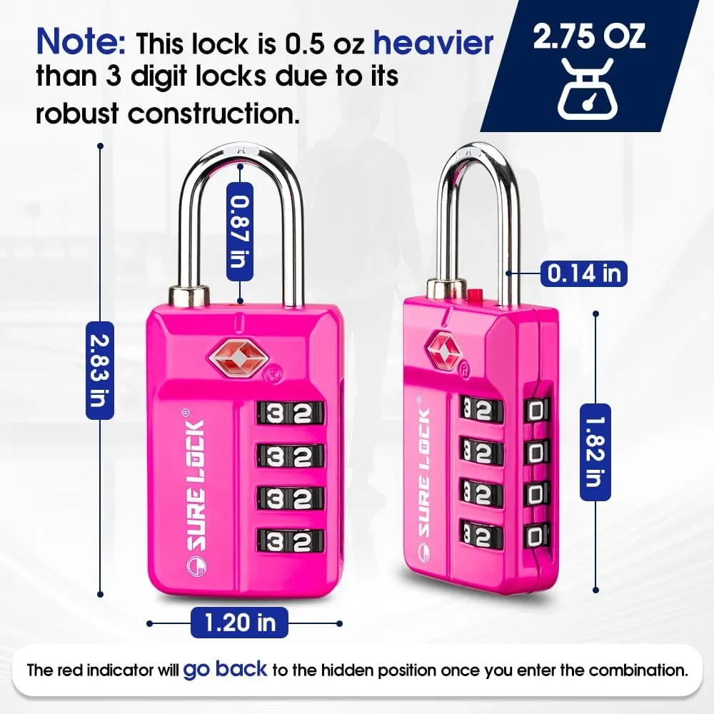 SURE LOCK TSA-Approved 4-Digit Resettable Combination Lock with Open Alert, Easy-Read Dials - for Luggage, School Lockers, Gym, Office, Toolbox & Security Cases (Pink 4 Pack)