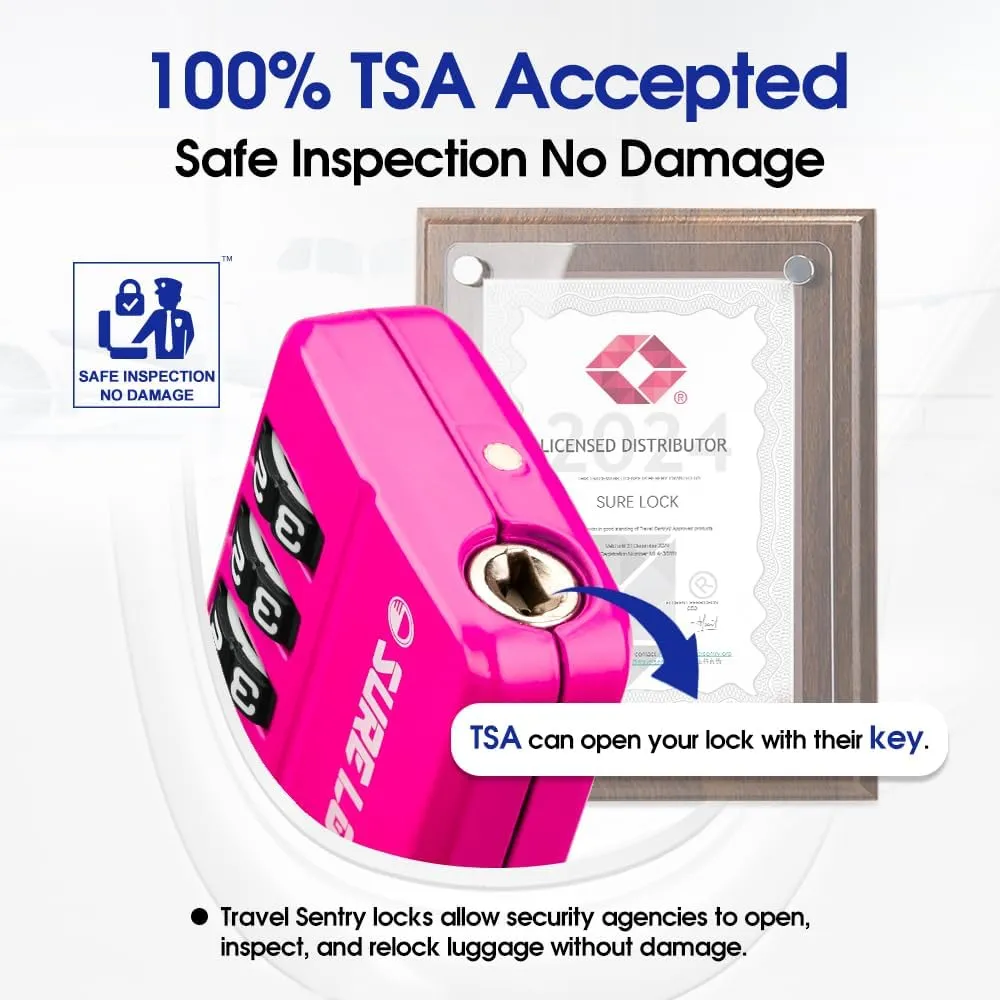 SURE LOCK TSA-Approved 4-Digit Resettable Combination Lock with Open Alert, Easy-Read Dials - for Luggage, School Lockers, Gym, Office, Toolbox & Security Cases (Pink 4 Pack)