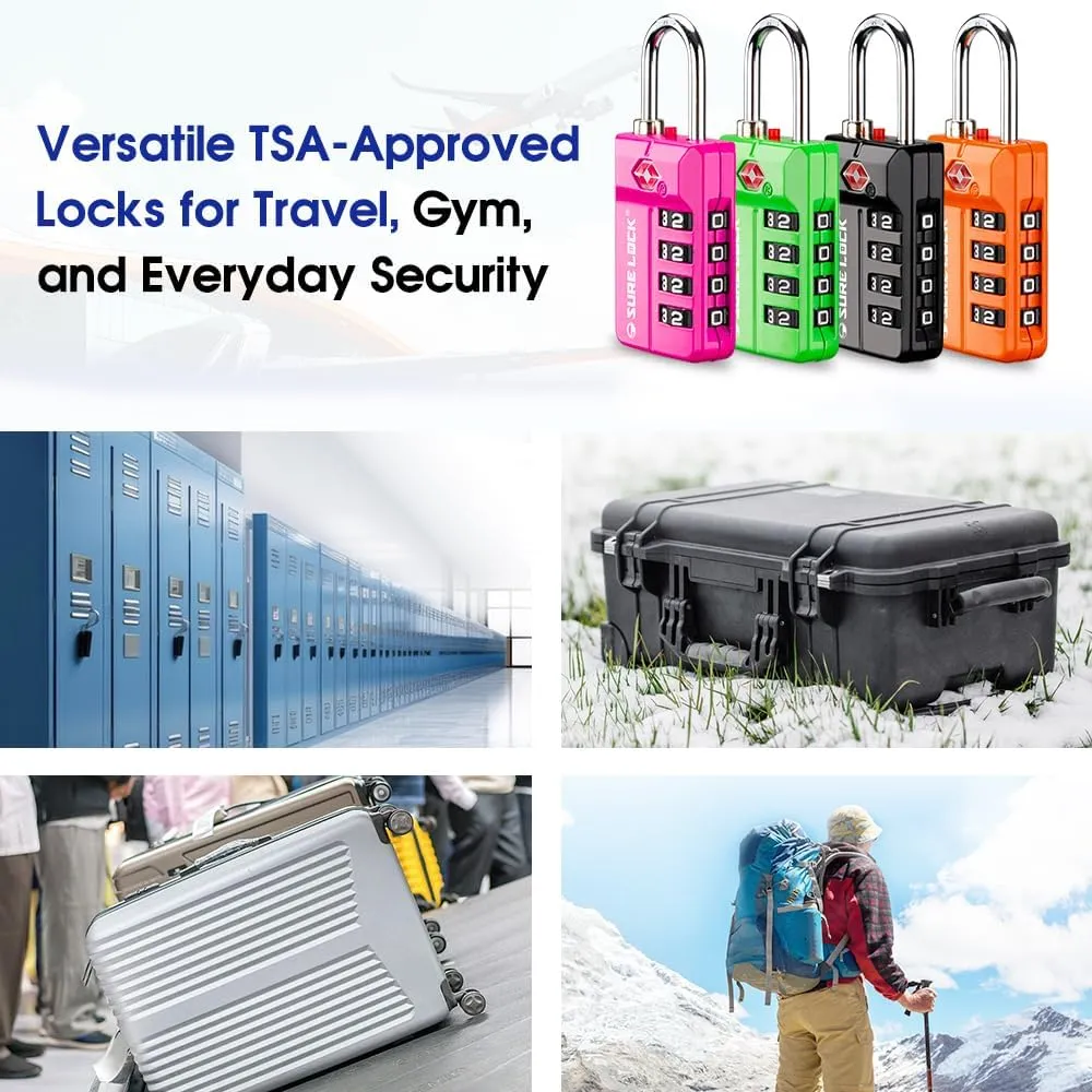 SURE LOCK TSA-Approved 4-Digit Resettable Combination Lock with Open Alert, Easy-Read Dials - for Luggage, School Lockers, Gym, Office, Toolbox & Security Cases (Pink 4 Pack)