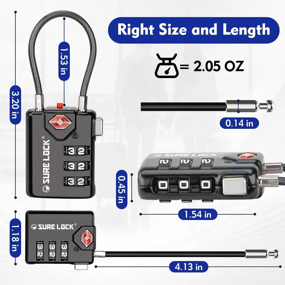 SURE LOCK TSA Compatible Travel Luggage Locks, Inspection Indicator, Easy Read Dials TSA Approved with Zinc Alloy Black 4 Pack