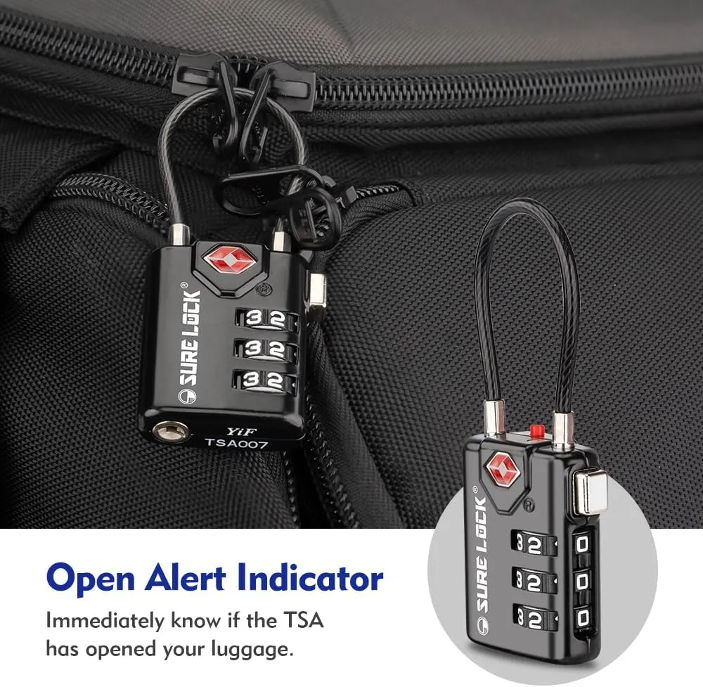 SURE LOCK TSA Compatible Travel Luggage Locks, Inspection Indicator, Easy Read Dials TSA Approved with Zinc Alloy Black 4 Pack