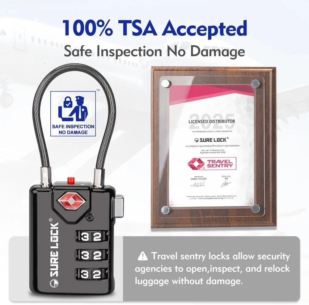 SURE LOCK TSA Compatible Travel Luggage Locks, Inspection Indicator, Easy Read Dials TSA Approved with Zinc Alloy Black 4 Pack