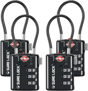 SURE LOCK TSA Compatible Travel Luggage Locks, Inspection Indicator, Easy Read Dials TSA Approved with Zinc Alloy Black 4 Pack