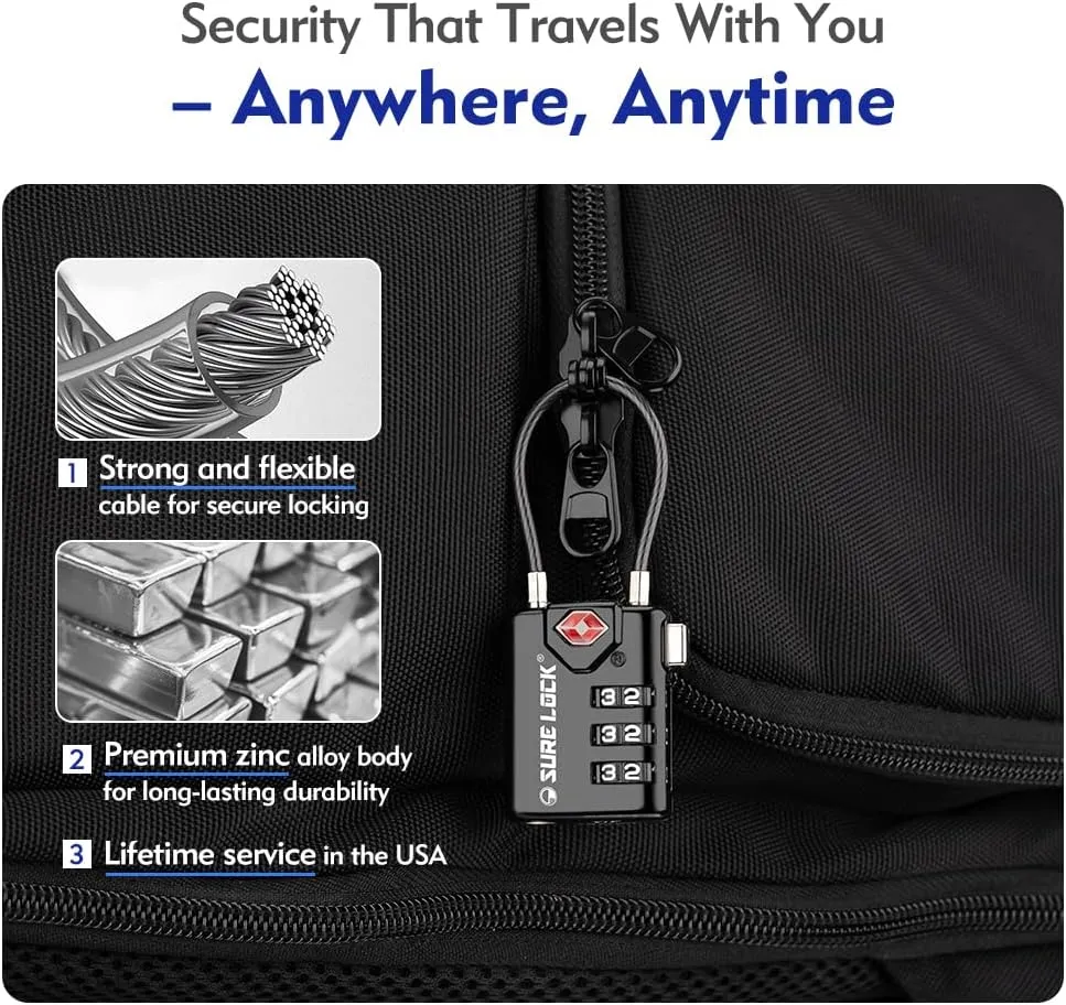 SURE LOCK TSA Compatible Travel Luggage Locks, Inspection Indicator, Easy Read Dials TSA Approved with Zinc Alloy Four Colour