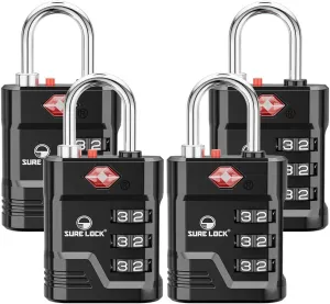 SURE LOCK TSA Locks for Luggage, TSA Approved Luggage Locks with Open Alert, TSA008 Key for High Security, Easy Read Dials, Zinc Alloy Body, Locker Lock for Suitcase, Gym, Travel. (Black 2 pk)