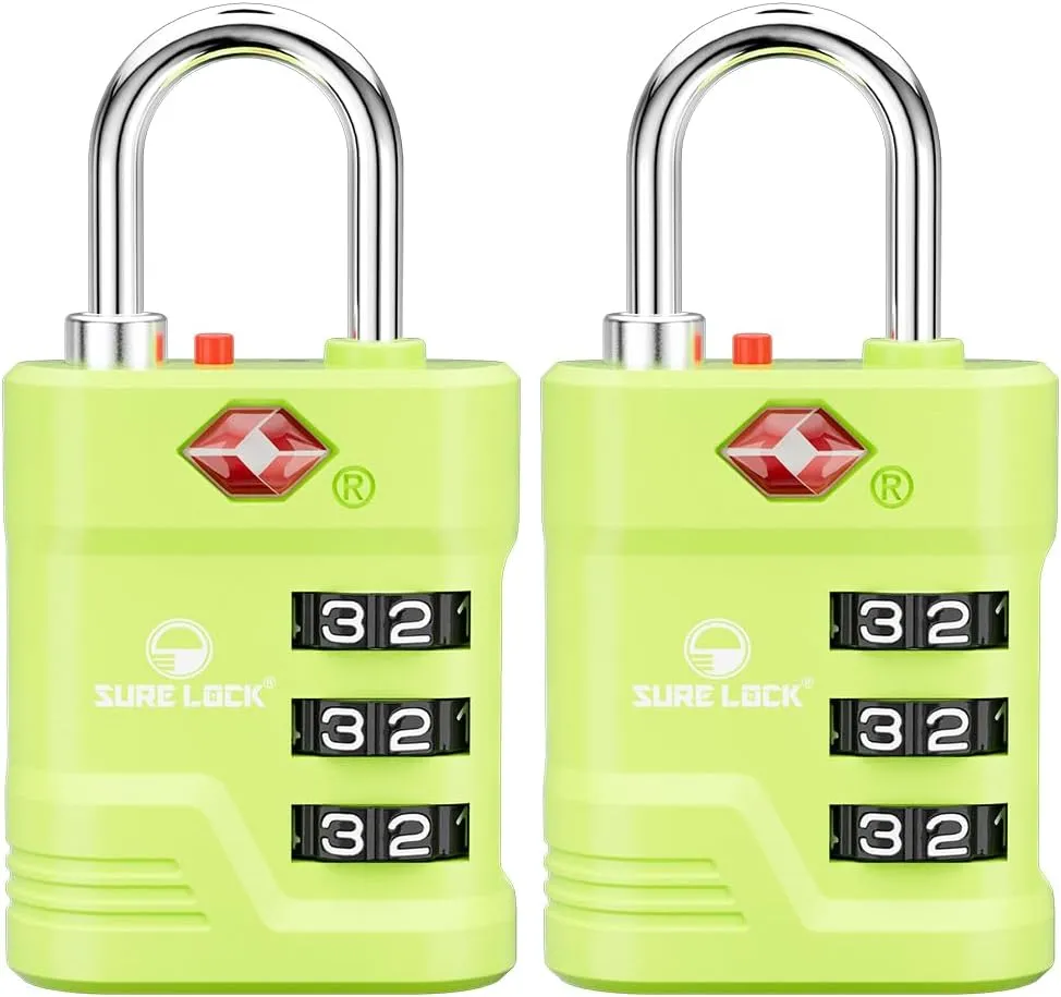 SURE LOCK TSA Locks for Luggage, TSA Approved Luggage Locks with Open Alert, TSA008 Key for High Security, Easy Read Dials, Zinc Alloy Body, Locker Lock for Suitcase, Gym, Travel. (Green 2 pk)