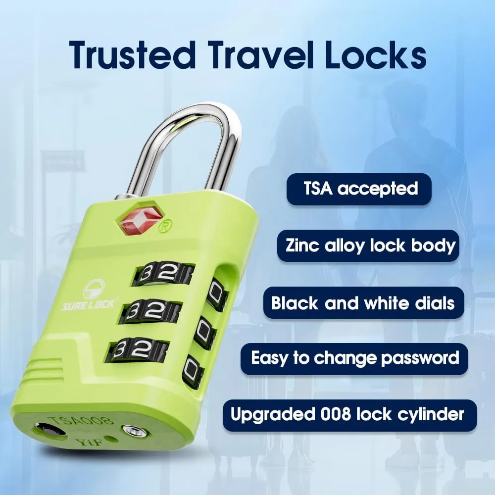 SURE LOCK TSA Locks for Luggage, TSA Approved Luggage Locks with Open Alert, TSA008 Key for High Security, Easy Read Dials, Zinc Alloy Body, Locker Lock for Suitcase, Gym, Travel. (Green 2 pk)