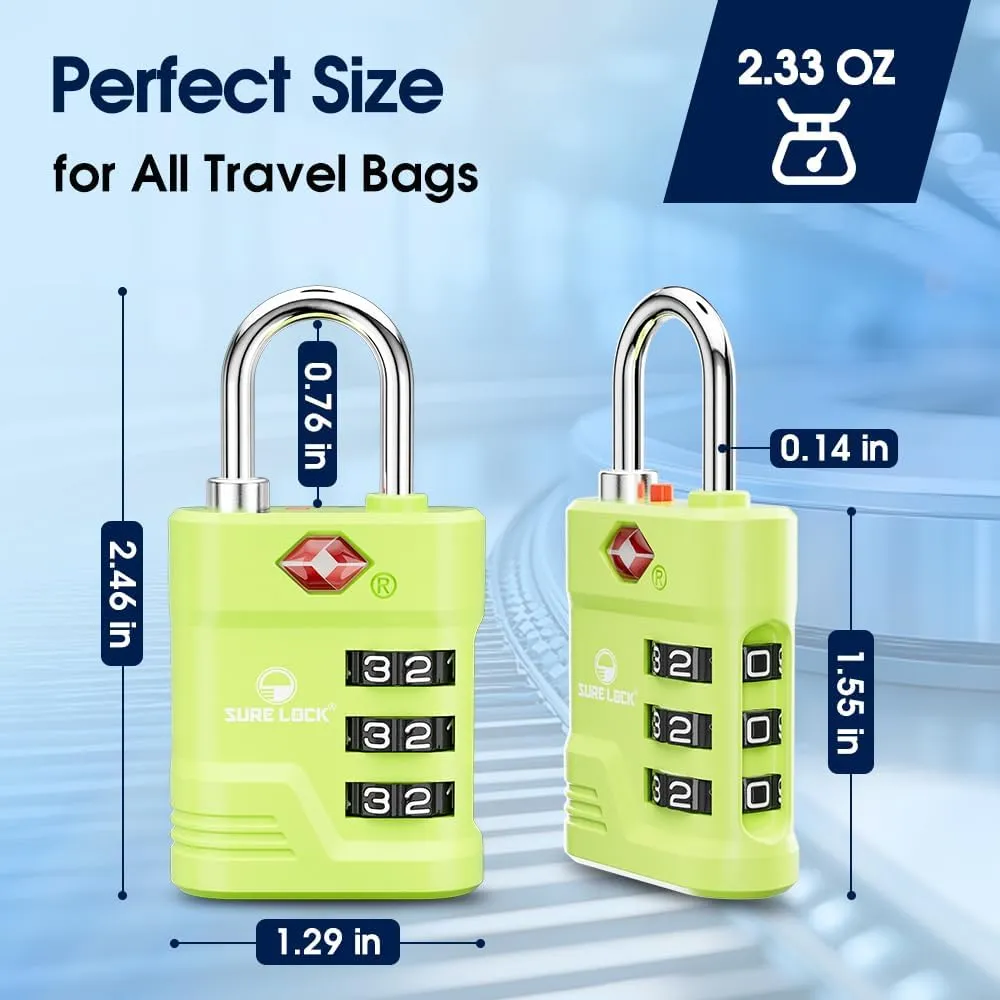 SURE LOCK TSA Locks for Luggage, TSA Approved Luggage Locks with Open Alert, TSA008 Key for High Security, Easy Read Dials, Zinc Alloy Body, Locker Lock for Suitcase, Gym, Travel. (Green 2 pk)