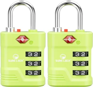 SURE LOCK TSA Locks for Luggage, TSA Approved Luggage Locks with Open Alert, TSA008 Key for High Security, Easy Read Dials, Zinc Alloy Body, Locker Lock for Suitcase, Gym, Travel. (Green 2 pk)