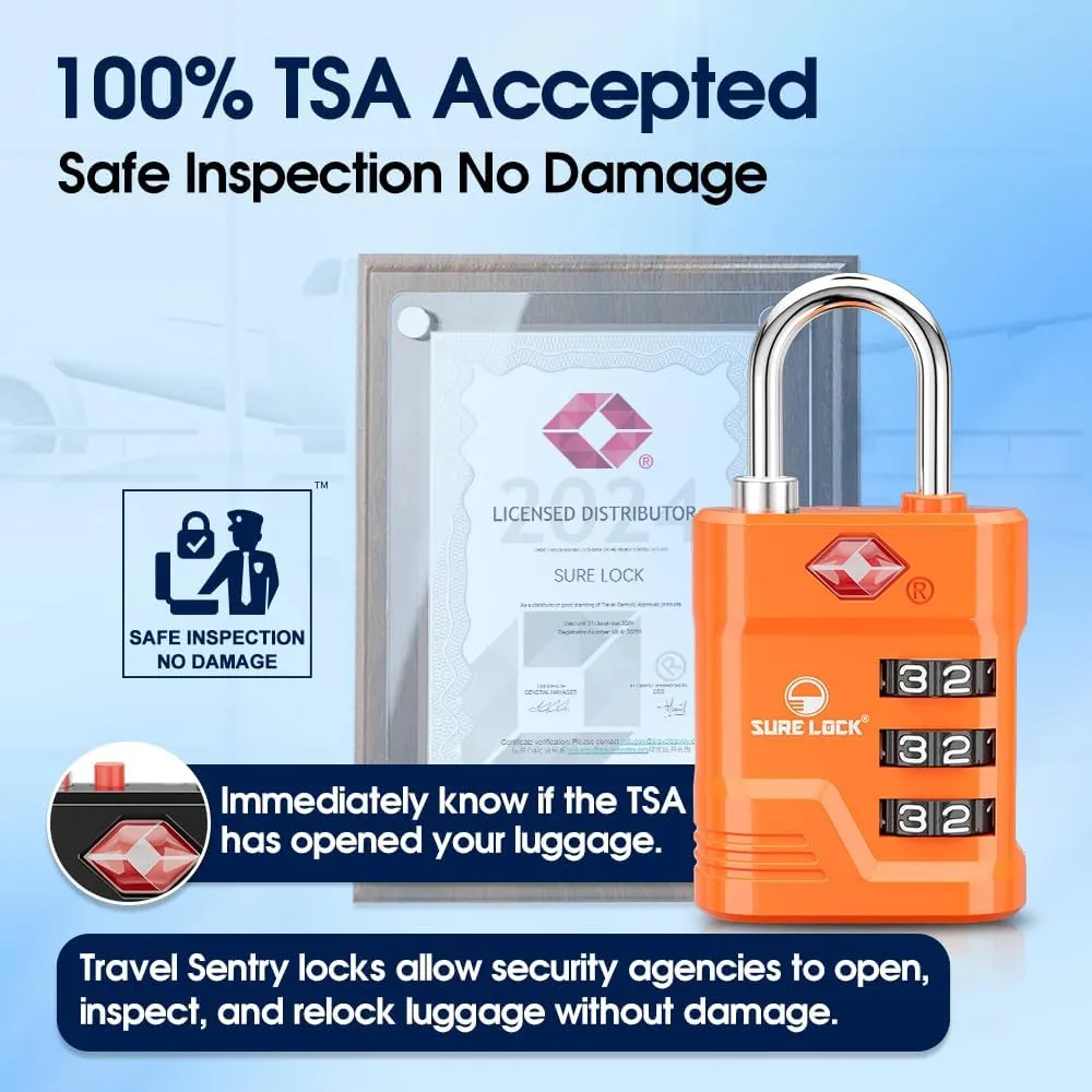 SURE LOCK TSA Locks for Luggage, TSA Approved Luggage Locks with Open Alert, TSA008 Key for High Security, Easy Read Dials, Zinc Alloy Body, Locker Lock for Suitcase, Gym, Travel. (Orange 2 pk)