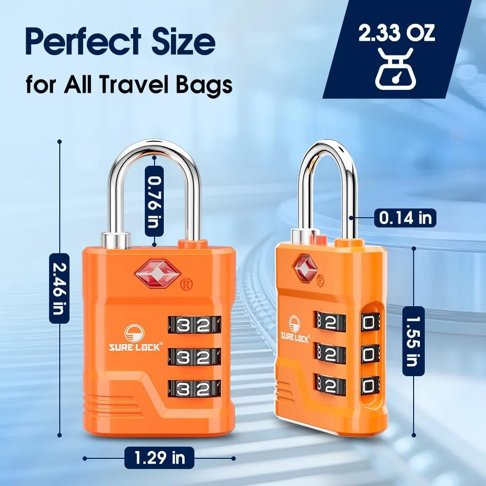 SURE LOCK TSA Locks for Luggage, TSA Approved Luggage Locks with Open Alert, TSA008 Key for High Security, Easy Read Dials, Zinc Alloy Body, Locker Lock for Suitcase, Gym, Travel. (Orange 2 pk)