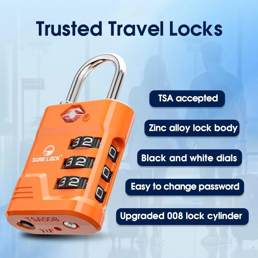 SURE LOCK TSA Locks for Luggage, TSA Approved Luggage Locks with Open Alert, TSA008 Key for High Security, Easy Read Dials, Zinc Alloy Body, Locker Lock for Suitcase, Gym, Travel. (Orange 2 pk)