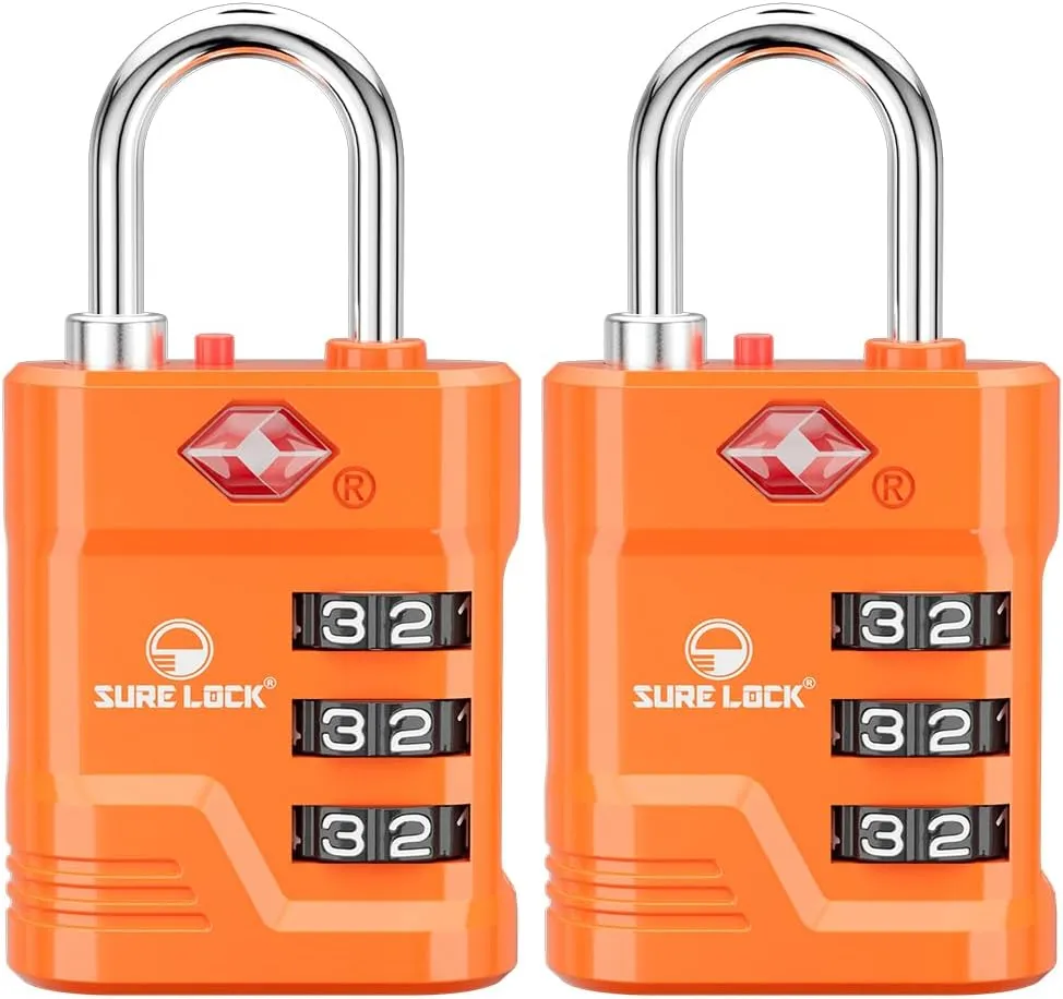 SURE LOCK TSA Locks for Luggage, TSA Approved Luggage Locks with Open Alert, TSA008 Key for High Security, Easy Read Dials, Zinc Alloy Body, Locker Lock for Suitcase, Gym, Travel. (Orange 2 pk)