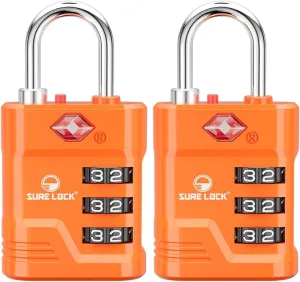 SURE LOCK TSA Locks for Luggage, TSA Approved Luggage Locks with Open Alert, TSA008 Key for High Security, Easy Read Dials, Zinc Alloy Body, Locker Lock for Suitcase, Gym, Travel. (Orange 2 pk)