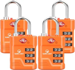 SURE LOCK TSA Locks for Luggage, TSA Approved Luggage Locks with Open Alert, TSA008 Key for High Security, Easy Read Dials, Zinc Alloy Body, Locker Lock for Suitcase, Gym, Travel. (Orange 4 pk)