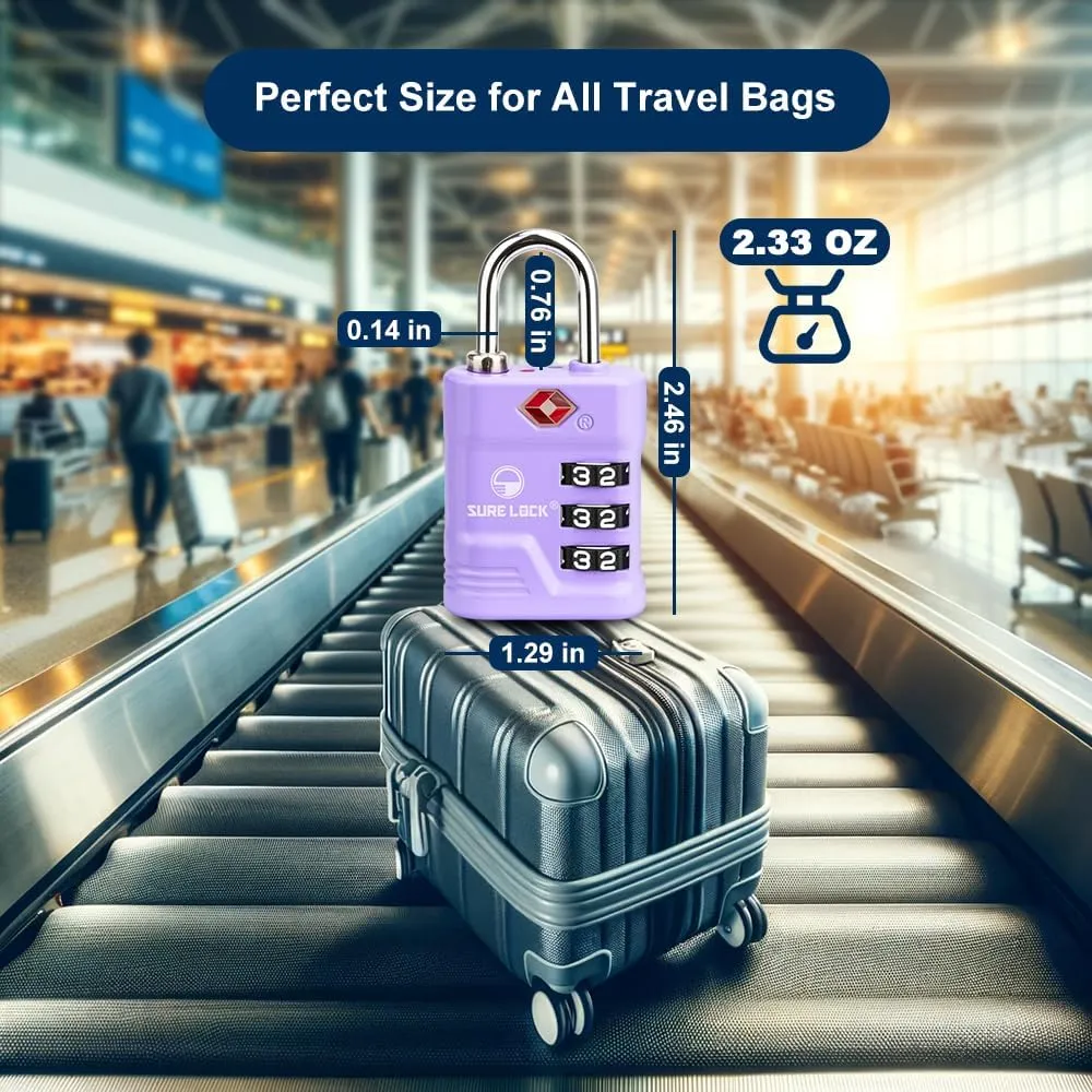 SURE LOCK TSA Locks for Luggage, TSA Approved Luggage Locks with Open Alert, TSA008 Key for High Security, Easy Read Dials, Zinc Alloy Body, Locker Lock for Suitcase, Gym, Travel. (Purple 2 pk)