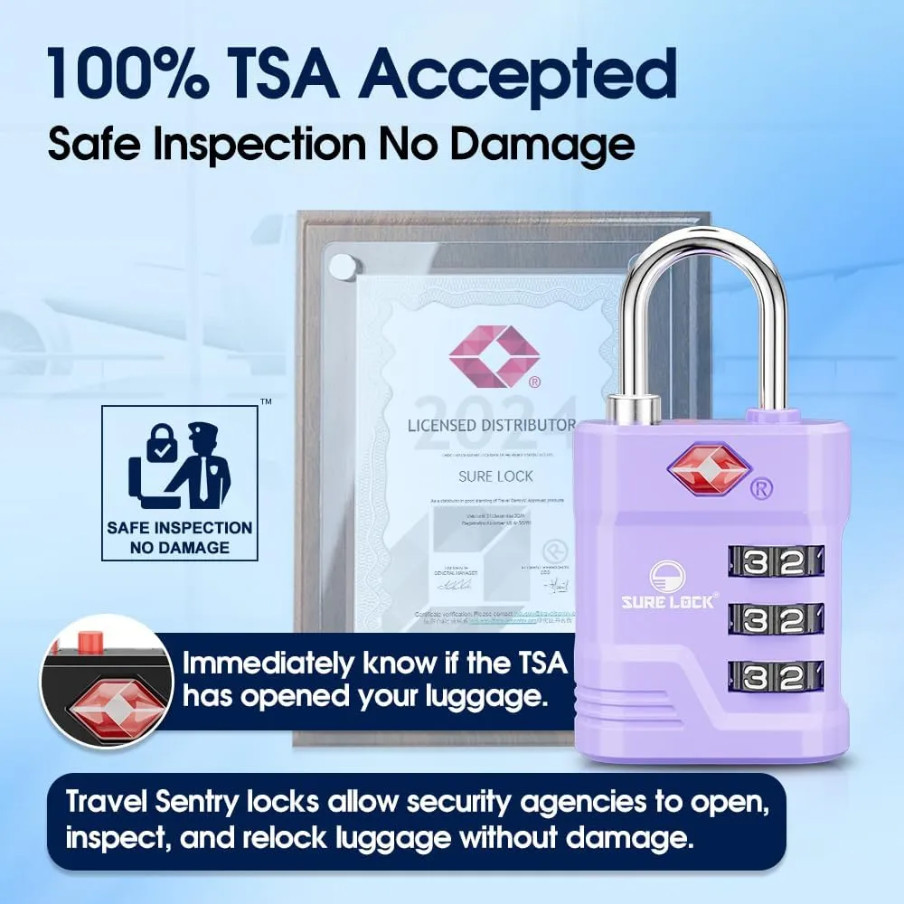 SURE LOCK TSA Locks for Luggage, TSA Approved Luggage Locks with Open Alert, TSA008 Key for High Security, Easy Read Dials, Zinc Alloy Body, Locker Lock for Suitcase, Gym, Travel. (Purple 2 pk)