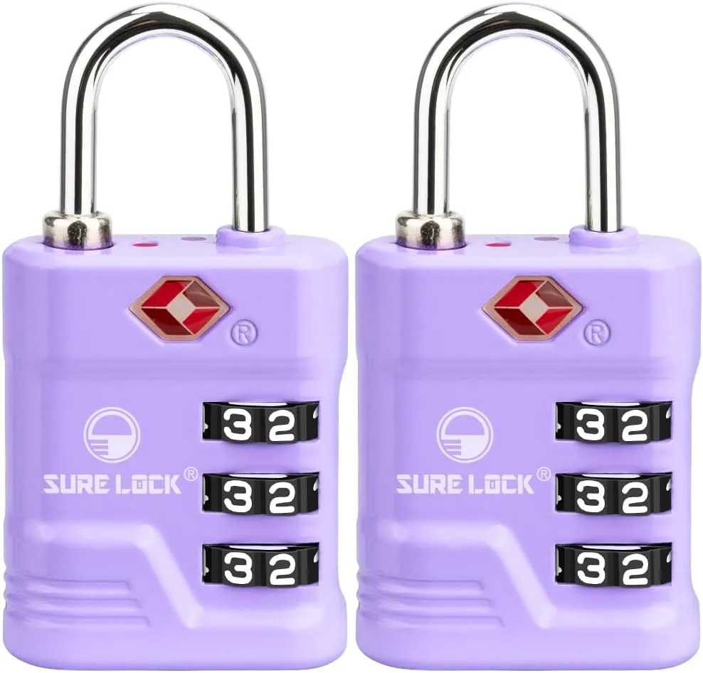 SURE LOCK TSA Locks for Luggage, TSA Approved Luggage Locks with Open Alert, TSA008 Key for High Security, Easy Read Dials, Zinc Alloy Body, Locker Lock for Suitcase, Gym, Travel. (Purple 2 pk)
