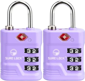 SURE LOCK TSA Locks for Luggage, TSA Approved Luggage Locks with Open Alert, TSA008 Key for High Security, Easy Read Dials, Zinc Alloy Body, Locker Lock for Suitcase, Gym, Travel. (Purple 2 pk)