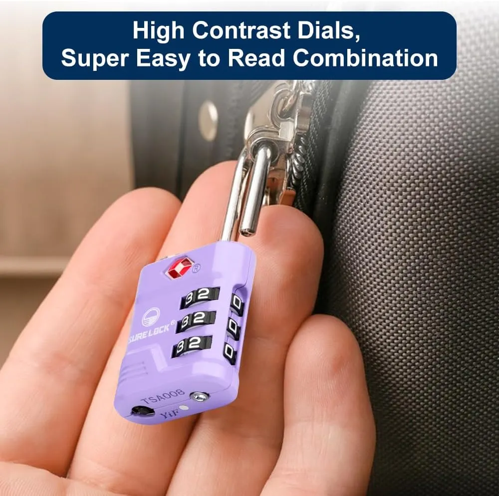 SURE LOCK TSA Locks for Luggage, TSA Approved Luggage Locks with Open Alert, TSA008 Key for High Security, Easy Read Dials, Zinc Alloy Body, Locker Lock for Suitcase, Gym, Travel. (Purple 2 pk)