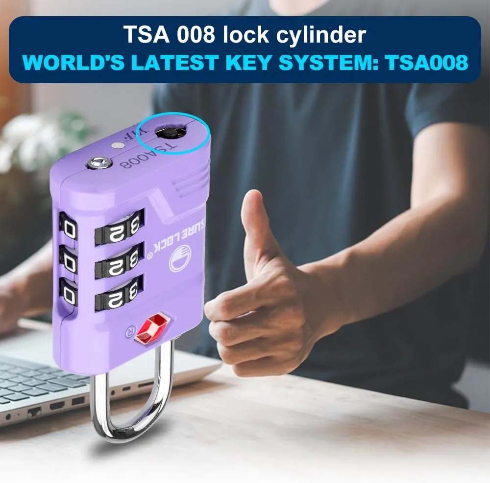 SURE LOCK TSA Locks for Luggage, TSA Approved Luggage Locks with Open Alert, TSA008 Key for High Security, Easy Read Dials, Zinc Alloy Body, Locker Lock for Suitcase, Gym, Travel. (Purple 2 pk)