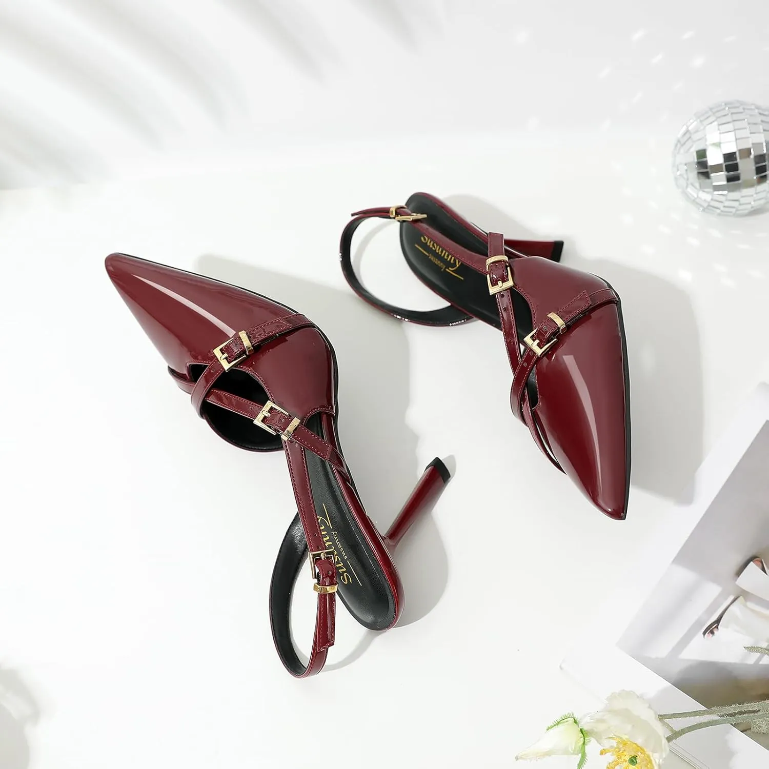 Susanny Burgundy Patent Slingback Heels for Women Closed Pointed Toe Strappy Dress Pumps Comfort Stiletto Kitten Heels Buckle Strap Dressy Slip On Shoes for Wedding Bridal