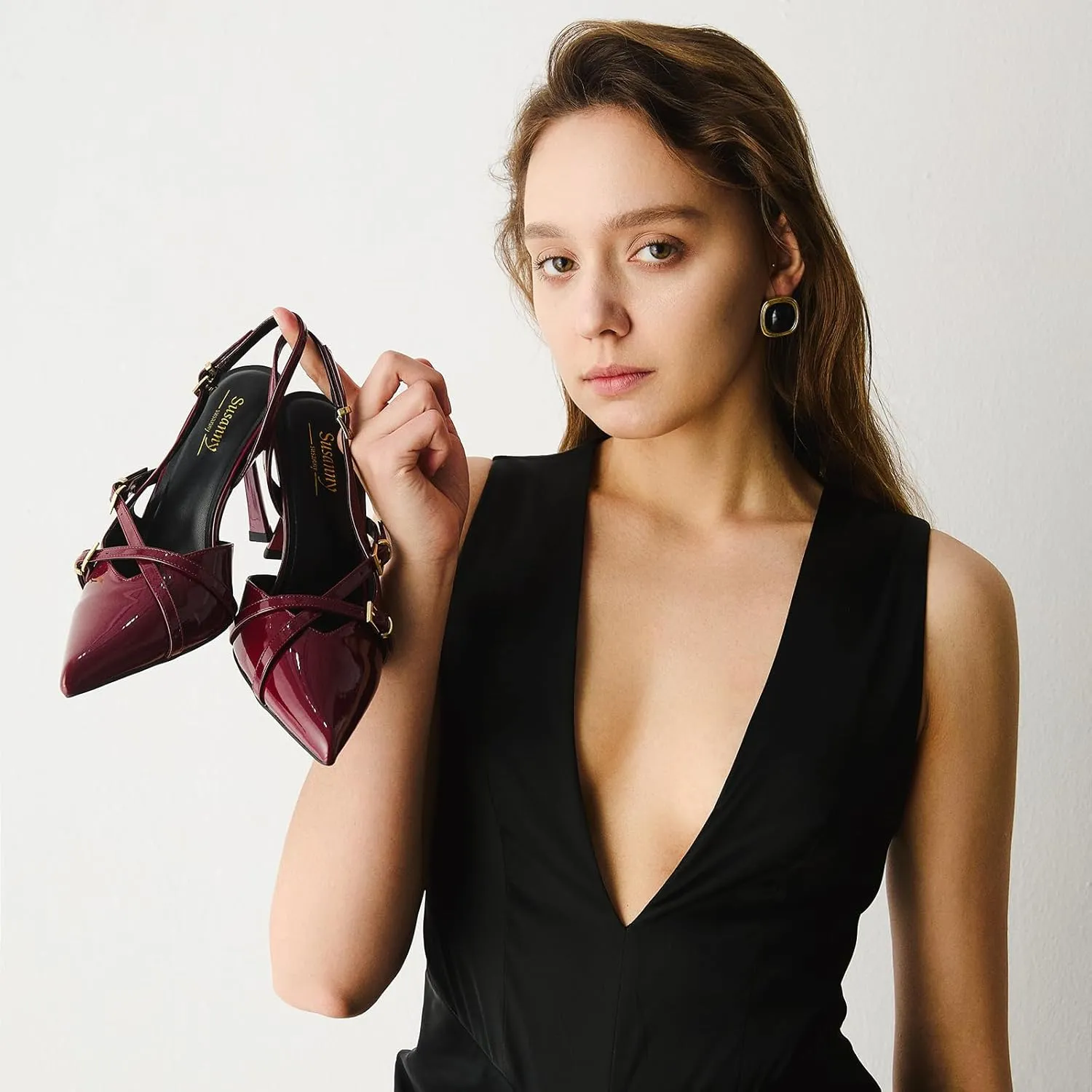Susanny Burgundy Patent Slingback Heels for Women Closed Pointed Toe Strappy Dress Pumps Comfort Stiletto Kitten Heels Buckle Strap Dressy Slip On Shoes for Wedding Bridal