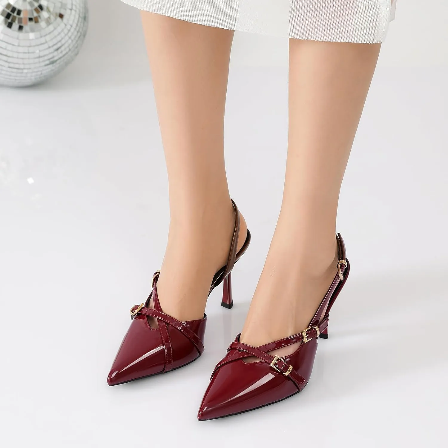 Susanny Burgundy Patent Slingback Heels for Women Closed Pointed Toe Strappy Dress Pumps Comfort Stiletto Kitten Heels Buckle Strap Dressy Slip On Shoes for Wedding Bridal