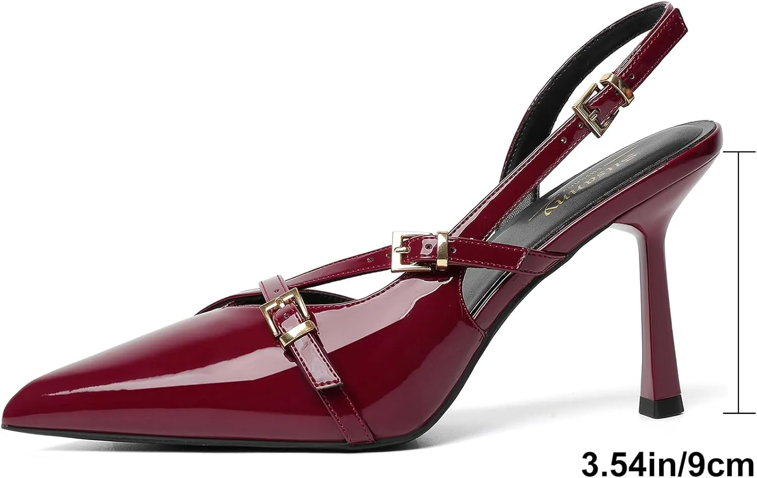 Susanny Burgundy Patent Slingback Heels for Women Closed Pointed Toe Strappy Dress Pumps Comfort Stiletto Kitten Heels Buckle Strap Dressy Slip On Shoes for Wedding Bridal