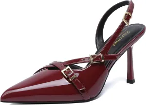 Susanny Burgundy Patent Slingback Heels for Women Closed Pointed Toe Strappy Dress Pumps Comfort Stiletto Kitten Heels Buckle Strap Dressy Slip On Shoes for Wedding Bridal