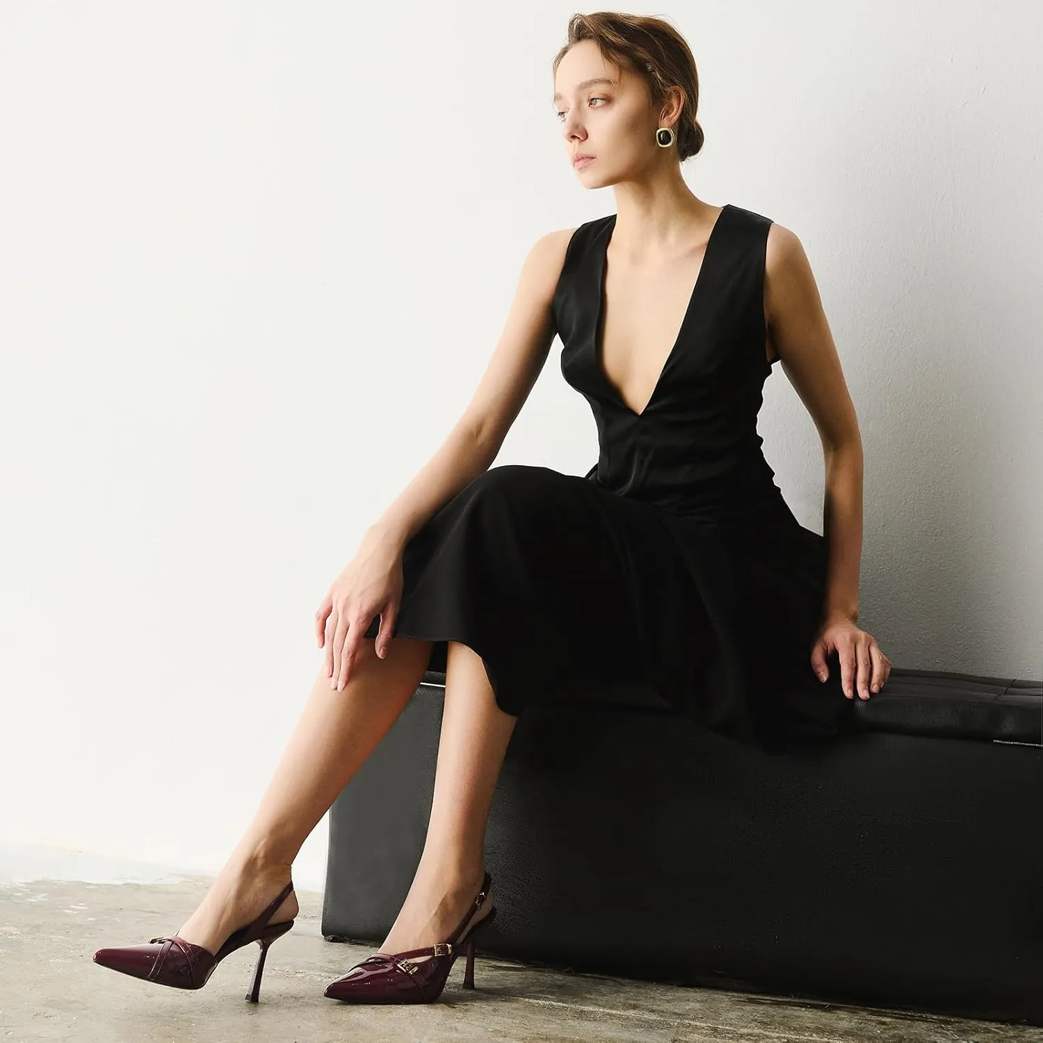 Susanny Burgundy Patent Slingback Heels for Women Closed Pointed Toe Strappy Dress Pumps Comfort Stiletto Kitten Heels Buckle Strap Dressy Slip On Shoes for Wedding Bridal